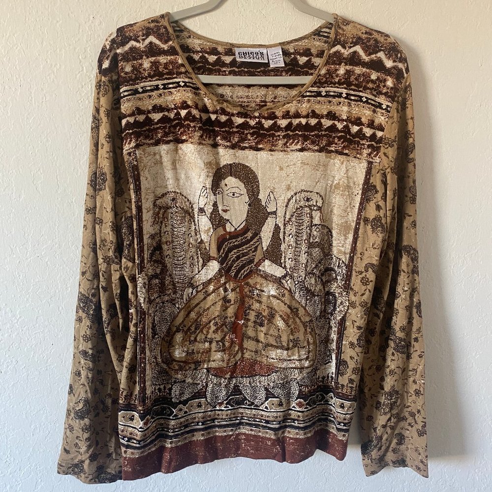 Chicos Design Womens Shirt Top Snake Indian Gypsy Size 2 L Paisley Floral Ethnic